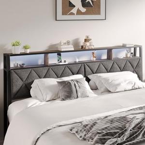 Salamir Queen Headboard Only, Headboard for Queen Size Bed with Storage, Upholstered Headboards with LED Lights & Charging Station, Attach Frame, Ideal for Bedroom/Dorm/Guest Room, Dark Grey & Brown