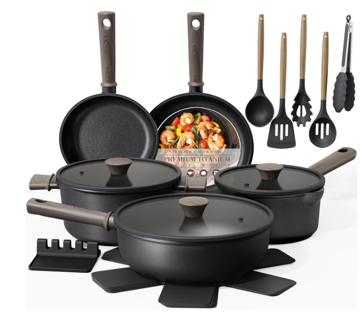 Astercook Non Stick Pots and Pans Set, Healthy Non-Toxic Titanium Induction Kitchen Cookware Sets for Cooking with Frying Pans, PFAS/PTFE/PFOA & PFOS Free, Black, 18Pcs