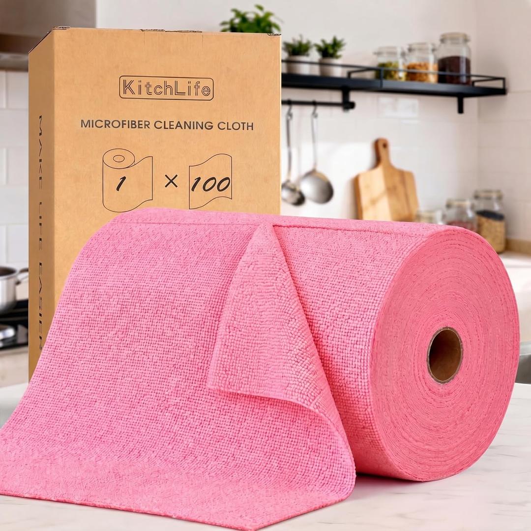 KitchLife Microfiber Cleaning Cloth Roll, 100 Pack - Tear-Away Microfiber Paper Towels, Lint-Free, Reusable, Washable for Kitchen, Car, Dishes, and Sensitive Surfaces (Pink)