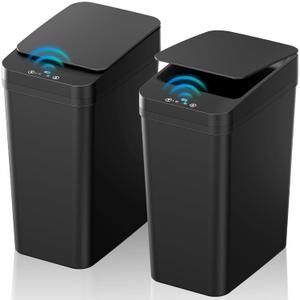 Bathroom Can with Lid, KOEYLE 2 Pack 2.2 Gallon Automatic Touchless Garbage Can, Small Motion Sensor Smart Can, Slim Waterproof Bin for Bedroom, Bathroom, Office, Living Room (Black)