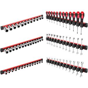 6-Piece Magnetic Socket Organizer Set with Magnetic Wrench and Screwdriver Holder, 1/2", 3/8", 1/4" Drive Tool Storage, 36-Slot for Screwdrivers and Wrenches (Tools Not Included) (Red)