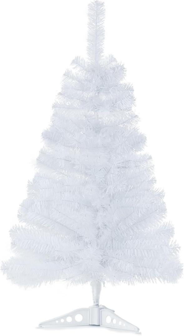 3FT Artificial Christmas Tree White Mini Tabletop Christmas Pine Tree with Plastic Stand Small Xmas Tree for Indoor Outdoor Holiday Home Decoration