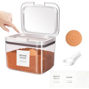 Brown Sugar Container Airtight, Brown Sugar Keeper Storage Container with Spoon and Terracotta Savers for Softening, Stackable One-Touch Opening 1.3Qt(42Oz/1.2L)