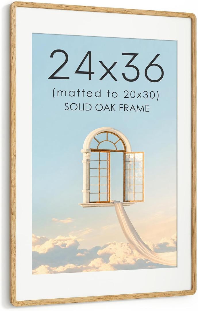 24x36 Picture Frame, USA-Sourced Oak Wood Photo Frame with Chamfered Edge & Double-Dowel Corner, Handcrafted 24x36 Wooden Poster Frame Matted to 20x30 Photos with HD Tempered Glass