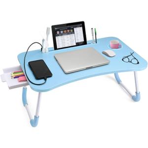 Slendor Lap Desk with Tablet Slot, Foldable Laptop Table with Storage Drawer for Bed Portable Bed Desk for Laptop, Computer Tray with Cup Holder Notebook Stand Reading Holder for Couch Floor, Blue