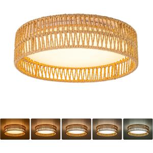 SineRise 12" Flush Mount Ceiling Light,25W LED Rattan Ceiling Light Fixture,Dimmable Handmade Boho Light Fixtures with Rattan,Farmhouse Lighting Fixtures Ceiling for Hallway Kitchen Bedroom, (Gold)