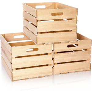 Weysat 3 Pack Large Wood Crates Box for Storage 16 x 12 x 9.5 Inches Unassembled Wooden Milk Crates with Handle Decorative Nesting Box for Winter Display Rustic DIY Office Home Retail Art Craft (Wood) (natural color)