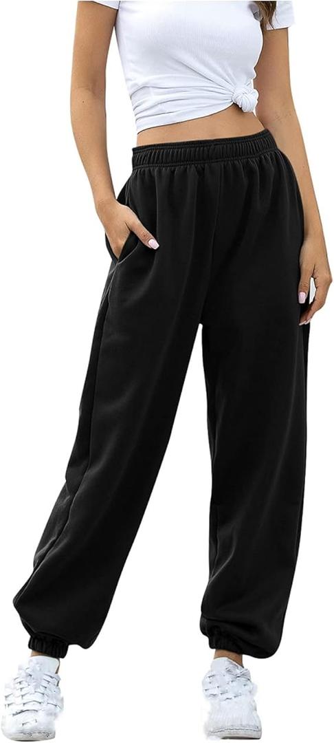 Cotton Joggers for Women High Waisted Cinch Bottom Baggy Sweatpants Casual Athletic Jogger Sweat Pants with Pockets,  Black, M