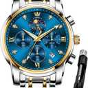 OLEVS Watch for Men Diamond Business Dress Analog Quartz Stainless Steel Waterproof Luminous Date Two Tone Luxury Casual Wrist Watch Blue