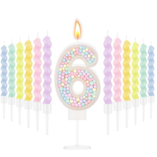MTLEE Number 6 Birthday Candle with 12 Pcs Spiral Candles for Girls Macaron Pastel Rainbow Unicorn Pink Cake Topper for Sweet Theme Party Decoration