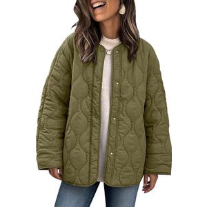 PEHMEA Women's Oversized Lightweight Quilted Jacket Button Down Fall Winter Coats Puffer Padded with Pockets, S