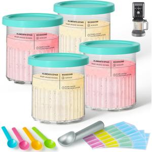 GuanQiao 4 Pack Creami Deluxe Pints & Lids for Ninja, 24 Oz Compatible with NC500 NC501 Series Ice Cream Makers, with 5 Spoons & 64 Writable Labels, BPA-Free & Dishwasher Safe, Blue