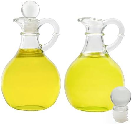 Cornucopia Brands Glass Oil and Vinegar Cruets (Set of 2); 8oz Round Oil Dispensers / Salad Dressing Bottles with Stoppers