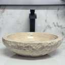 Shades of Nature Round Bowl Travertine Vessel Sink, Natural Stone Wash Basin, Hand-Carved Bathroom Sink, Chiseled Exterior, Polished Interior, Above Counter Vanity (Soap Tray Included)