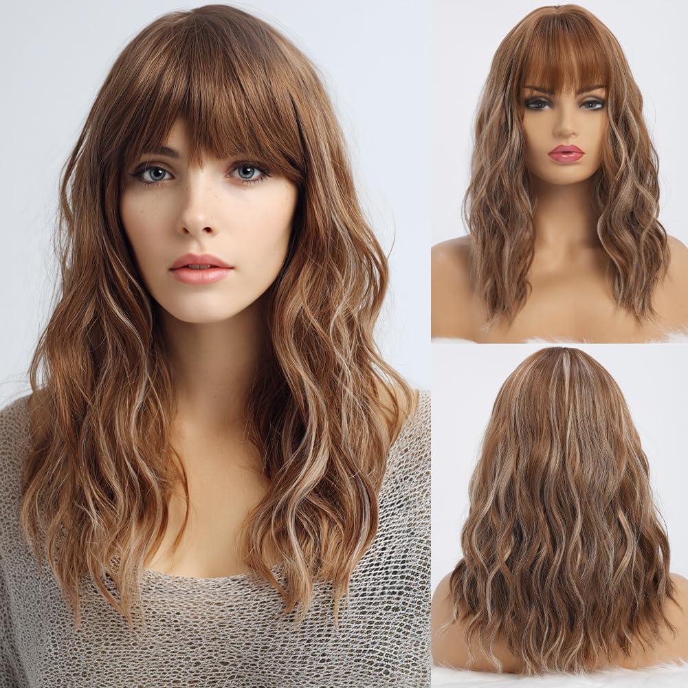 simkaylee Light Brown Wigs with Highlights for Women Synthetic 16 inch Medium Length Wigs with Bangs Natural Long Wavy Fringe wig Heat Resistant Hair for Daily Party Use (16 inch)