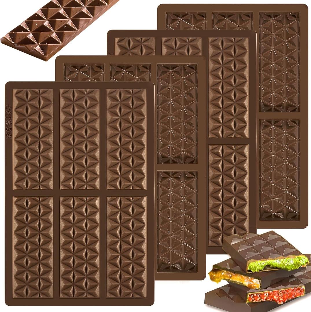 4-Piece Silicone Chocolate Molds - Thick, Non-Stick, Small, Diamond Shape - Brown, Perfect for Stuffed Pistachio Chocolate Bars & DIY Gifts