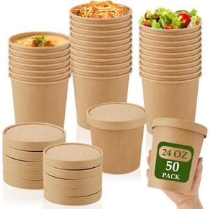 Sabary 50 Pack 24 oz Paper Soup Containers with Lid Disposable Kraft Soup Food Bowl Microwavable Food Storage Ice Cream Containers Nice for Restaurants(Brown)