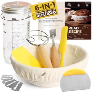 BAKERIA 9" Round Banneton Bread Proofing Basket Set with Starter Jar, Linen Liner, Bread Lame, Dough & Bench Scraper, Bread Whisk  Complete Artisan Sourdough Baking Kit
