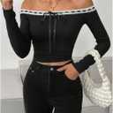 SOLY HUX Women's Off The Shoulder T Shirt Y2k Bow Lace Trim Tee Long Sleeve Going Out Crop Tops (Black, S)