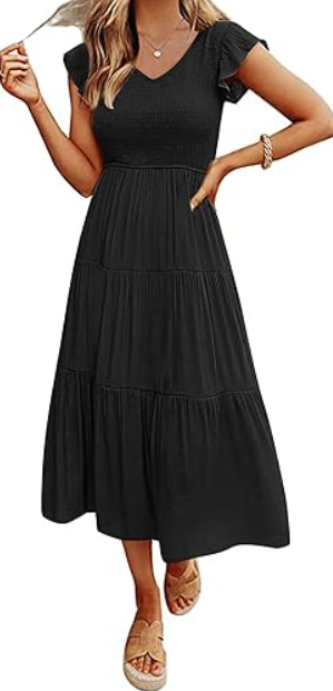 MEROKEETY Women's Flutter Short Sleeve Smocked Midi Dress Summer Casual Tiered A, Line Dress, Black, L