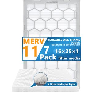 16x25x1 MERV 11 Air Filter,AC Furnace Air Filter,Reusable ABS Plastic Frame, 7 Pack Replaceable Filter Media (Actual Size: 15 3/4" x 24 3/4" x 3/4")