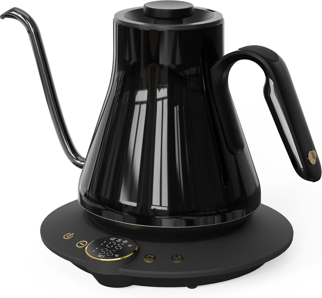 Cocinare Gooseneck Electric Kettle, 1F Temperature Control, 1500W Fast Heating, Pour Over Coffee & Tea Kettle with Brew Timer & Keep Warm, Stainless Steel, 0.9L (Soulages Black)