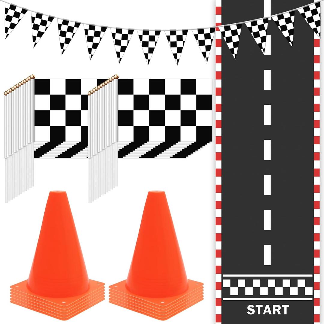 Windspeed Race Car Party Supplies, 38 Pcs Set: 24 Checkered Flags, 12 Mini Traffic Cones, 6.5Ft Racetrack Mat, 9.8Ft Hanging Flag, Birthday Decorations