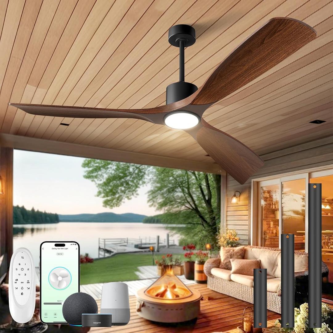 60" Ceiling Fan with Lights, Outdoor Ceiling Fan Smart Work with Alexa/Gg/App/Remote,3-Color Light Dimmable 6-Speed Quiet Reversible for Patio Porch Living Room, Dark Walnut