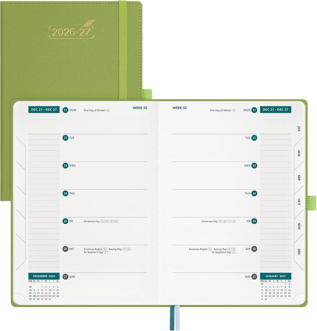 BEZEND Weekly Planner 2026-2027 (6" x 8.5") 2-Column Dual Schedule for Work/School/Home or 2 Person (Jul 26-Dec 27) 18 Months Academic Calendar with Tabs, PU Leather Hardcover -Fruit Green