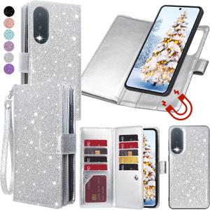 Varikke for Galaxy S25 Edge Wallet Case Detachable with RFID Blocking Card Holder for Women, Glitter Leather Strap Magnetic Flip Removable Phone Case for Samsung Galaxy S25 Edge 6.7", Silver
