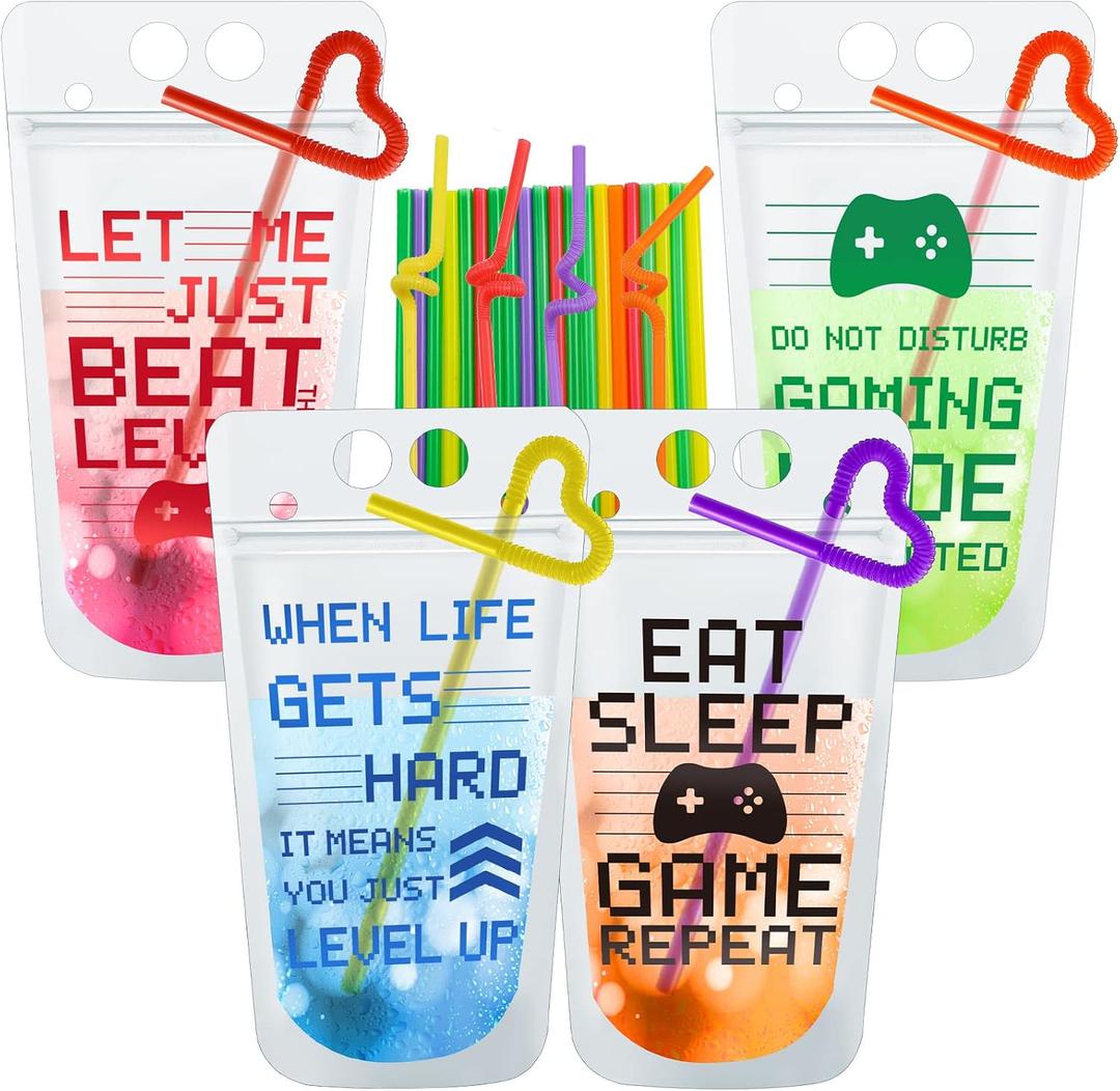 2 x 24 Pcs Video Game Party Favors Cups Video Gaming Themed Plastic Drink Pouches with Straws Clear Zipper Bags Reusable Pouches for Birthday Decor Party Favors Gift Prizes (Red/blue/green/orange)