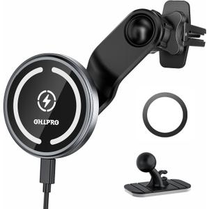 OHLPRO Compatible with MagSafe Car Mount for iPhone 16, Magnetic Wireless Car Charger with Extended Arm, Never Block Vents for iPhone 15/14/13/12 Serie, 15W Fast Charging Mag Safe Phone Holder, Grey (Gray)