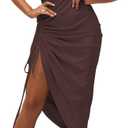 LYANER Women's Satin Spaghetti Straps Cowl Neck Sexy Ruch Cocktail Midi Dresses (Brown, M)