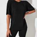 WDIRARA Women's Petite 2 Piece Outfits Ribbed Half Sleeve Tee Top and Biker Shorts Set (Black, S)