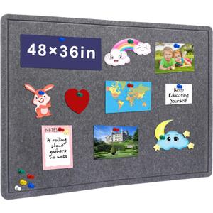 Large Bulletin Board, 48 X 36 inches Cork Board with 30 Pushpin, 4' x 3' Felt Cork Board Notice Pin Board, Self-Adhesive Vision Board Mood Board Foldable Photo Board for Wall - Dark Gray