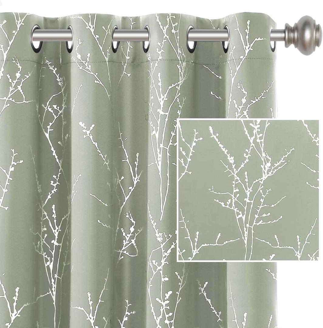H.VERSAILTEX Blackout Curtains for Bedroom Foil Print Twig Tree Branch Thermal Insulated Grommet Curtain Drapes Light Blocking Thick Soft Window Curtains for Living 52 x 63 Inch, 2 Panels, Sage