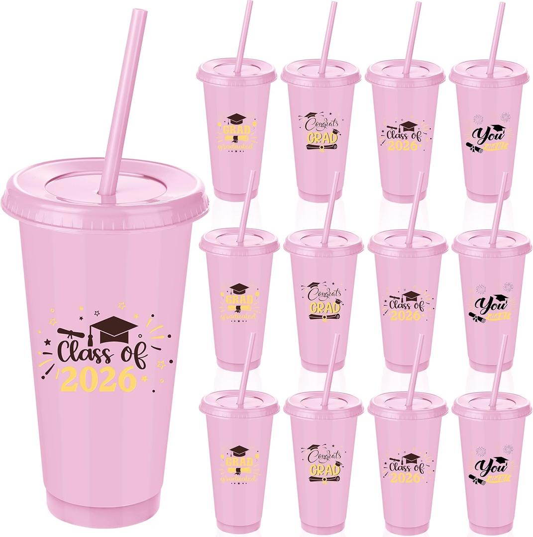 Kochorie 24 Pack 24 OZ Graduation Plastic Cups with Lids and Straws Reusable Party Cups Thick Plastic Congrats Grad Tumbler Bulk for Class of 2026 Graduation Party Supplies, Pink