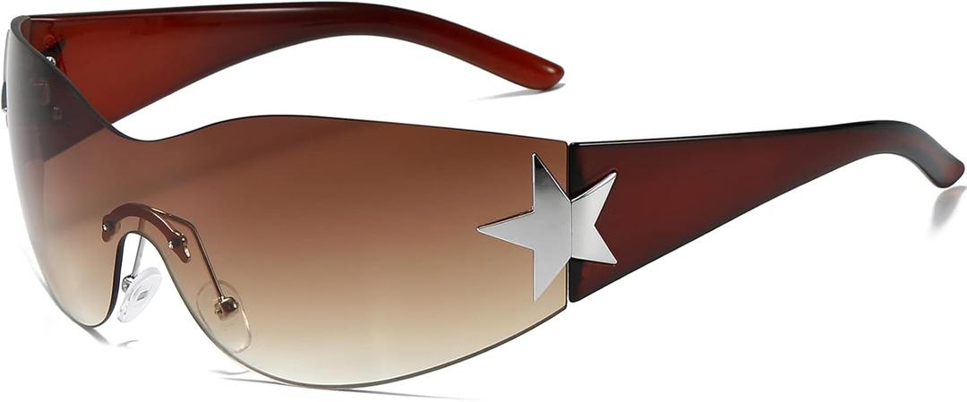 AIEYEZO Fashion Rimless Y2K Sunglasses for Women Men 2000s Wrap Around Style Sun Glasses Trendy Y2K Shades (Brown/Brown Gradient)
