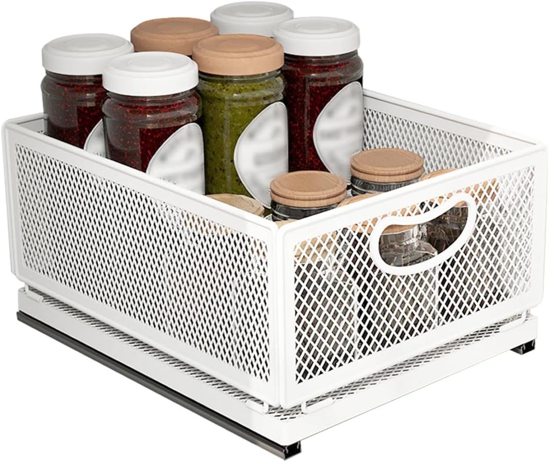 Sliding Cabinet Basket Organizer Drawer Self Adhesive Slide out Pantry Shelves Heavy Duty Carbon Steel Slide Cabinet Storage Basket with Handle for Bathroom Kitchen Home (Medium)