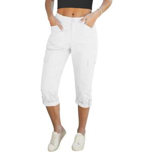 LookbookStore Capri Pants for Women High Waisted Cargo Casual Elastic Waist Rolled Hem Summer Capris Pants with Pockets (White, XXL)