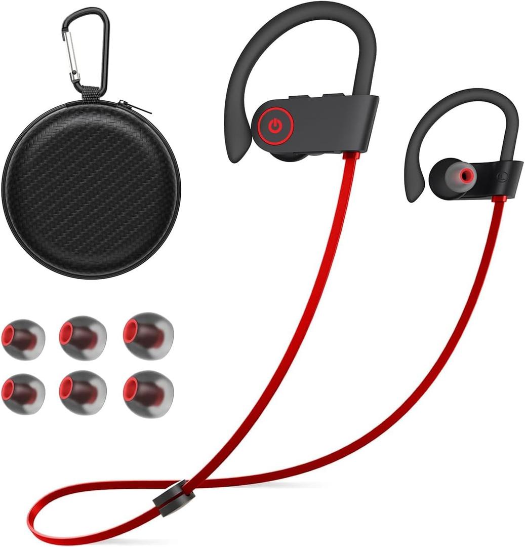 Bluetooth Headphones Wireless Earbuds 16H Playtime Wireless Headphones IPX7 Waterproof Bluetooth 5.3 Running Headphones with Mic Stereo In Ear Earphones Sound Isolation for Workout, Sports Red (Normal)