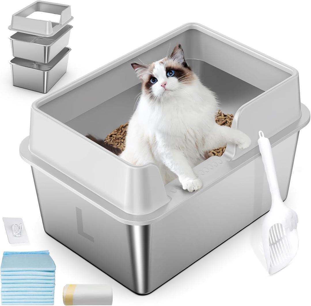 Stainless Steel Cat Litter Box with Lid, L High Sided Metal Sifting Litter Box for Pine Pellets, Enclosed Sifting Box for Small Cats, Anti-Leakage, Easy Clean, Include Scoop, Liner, Pee Pad and Hook (L:19.7"x13.8"x12")