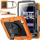 SEYMAC stock Case for iPad Pro 11-inch M5-M4 2025-2024, Shockproof Heavy Duty Case with Screen Protector, Pencil Holder, Rotating Stand, Hand Strap, Shoulder Strap, Orange