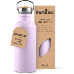 Bambaw Stainless Steel Water Bottle, Purple Water Bottle, 1 Litre Non-Insulated Stainless Steel Bottle, 1 Litre Sports Bottle, BPA-Free Bottle, Reusable Bottle Light Lilac (32 Oz, Lavender Haze)