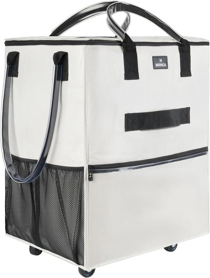 Reusable Grocery Bag with Wheels, Foldable Shopping Rolling Tote Bag, Shopping Trolley Cart with Zippered Top, Heavy Duty Handles, Lightweight, Carries Up to 46 LBS, Medium, Beige