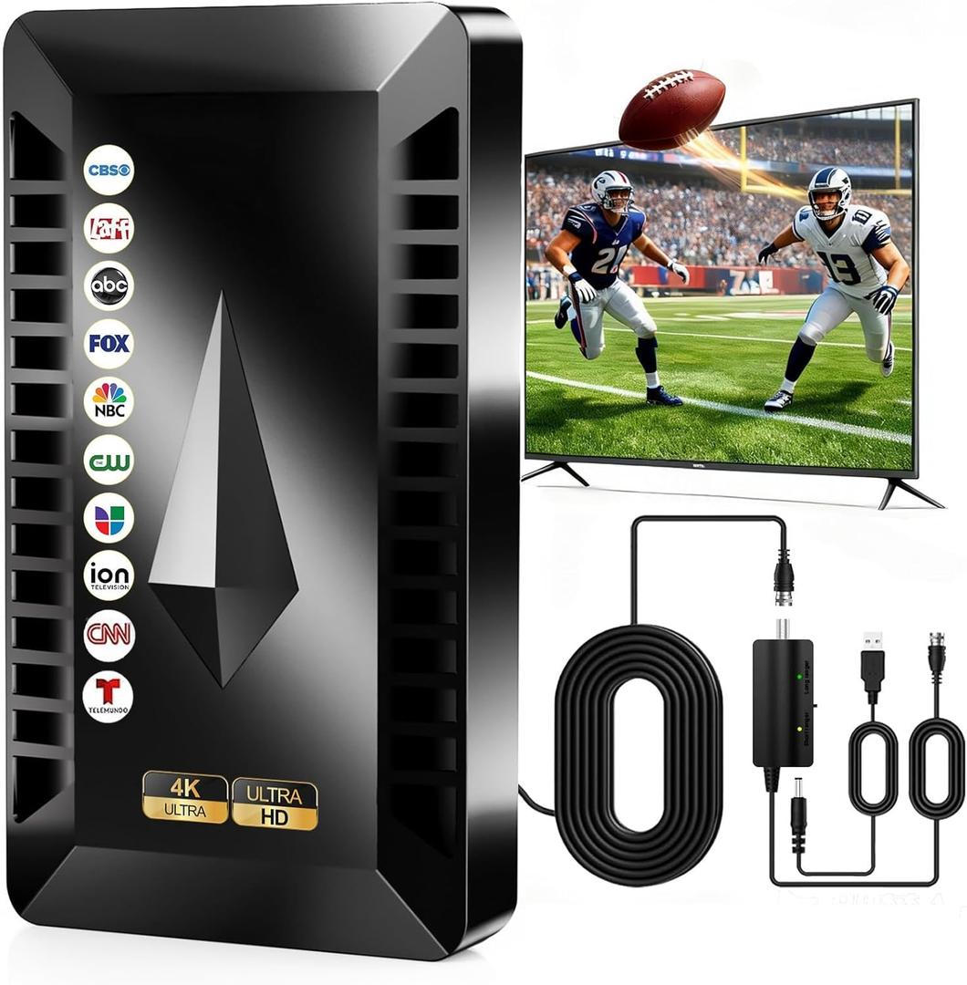 3800+ Miles Range TV Antenna Indoor, 2026 Upgraded Strongest Digital Antenna for Smart TV, HD Antennas with Amplifier Support Smart TV and Old TVs, 360° Reception for 8K 4K 1080P -30FT Long Cable
