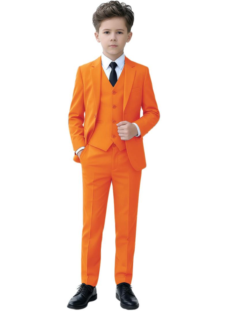 YuanLu Boys Suit for Kids Tuxedo Wedding Ring Bearer Outfit, 5 Piece Boy Slim Fit Formal Suits with Adjustable Waist, Size 6 Years, Orange 