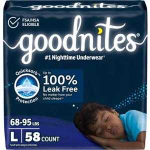 Goodnites Boys' Nighttime Bedwetting Underwear, Size Large (68-95 lbs), 58 Ct (2 Packs of 29)
