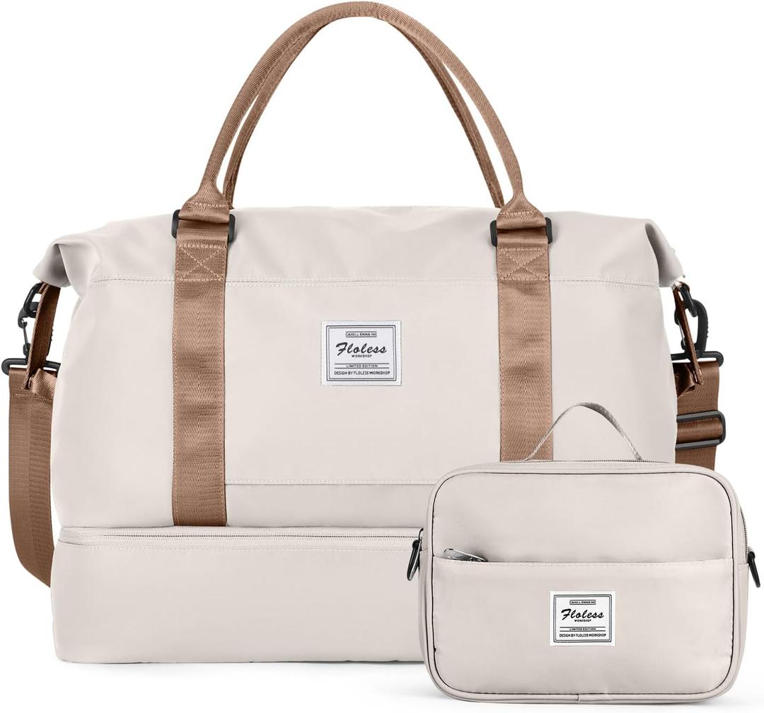 Travel Duffel Bag with Shoes Compartment, Overnight Weekender Bags for Women, Carry on Personal Item Travel Set (Extra Large, Beige & Brown)