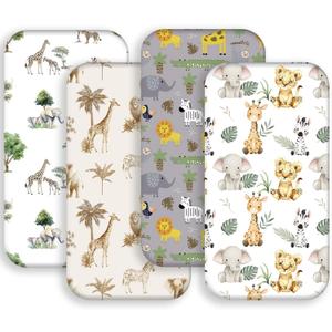 4 Pack Safari Jungle Animals Neutral Unisex Fitted Nursery Baby Sheets Set Toddler Mattress Sheets for Baby Boys or Girls (Bassinet Sheets)